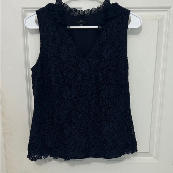 J. Crew Lace Ruffle Neck sleeveless Blouse size medium navy blue top - Picture 1 of 6